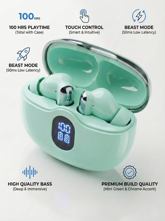 Wireless Bluetooth Earbuds with LED Battery Display, upto 100 Hours Playtime, 50ms Low Latency Beast Mode, Touch Control, Deep Bass